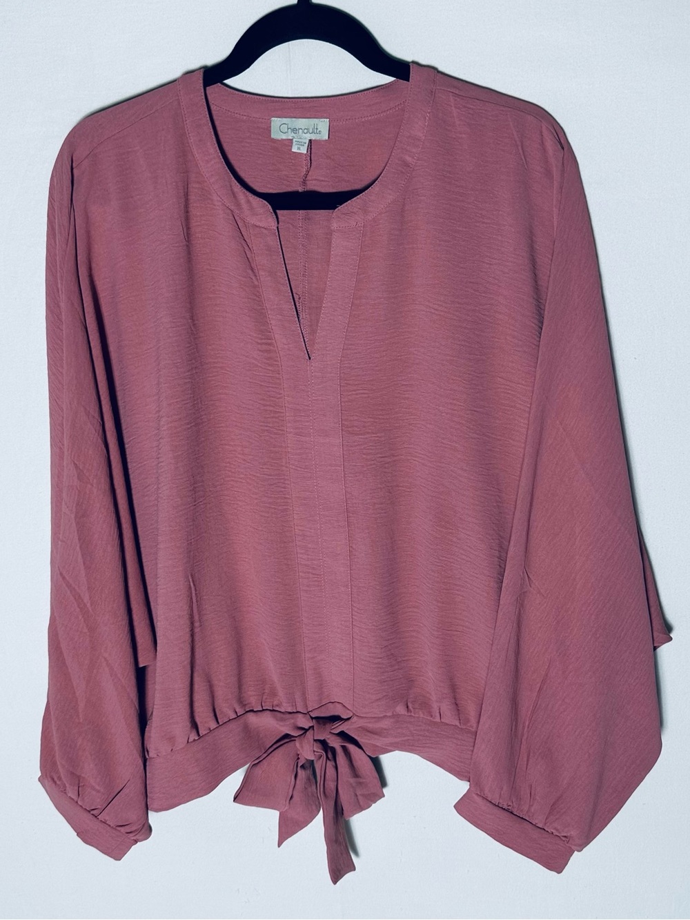 Chenault Dusty Rose Mauve Tie Hem Blouse XL Textured V Neck Dolman Top Boho